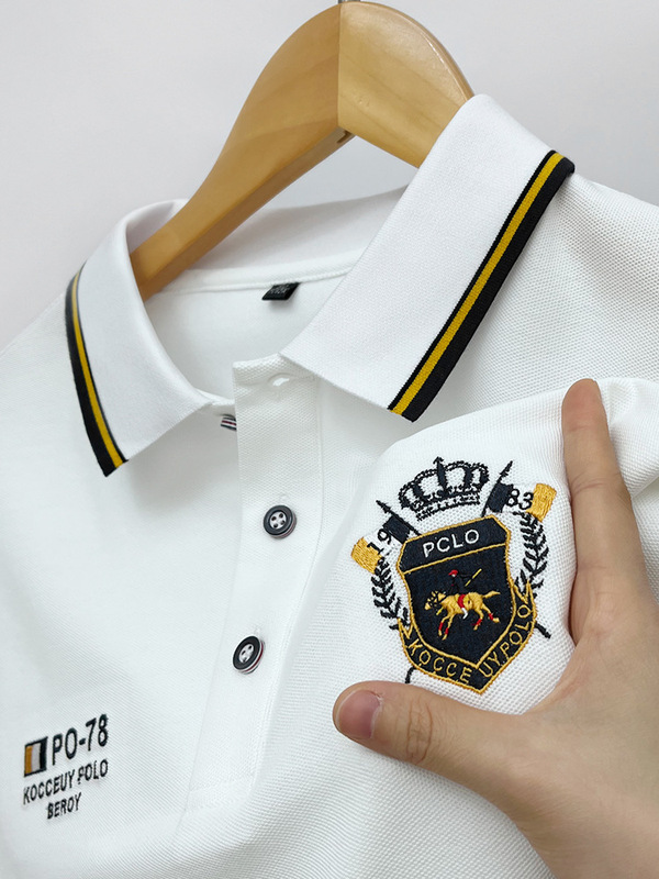 綿 100% ハイエンドポロシャツメンズ新しい夏半袖ヘビー刺繍ラペル Tシャツルーズカジュアルトップ|undefined