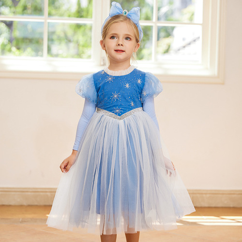 Girls' new dress Aisha short-sleeved Elsa dress Internet celebrity girl long-sleeved Elsa princess dress mesh puffy