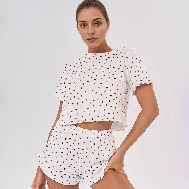 Pajama Set Heart-Shaped Loungewear Women's Fashion New Spring 2026 Cross-Border Knitted Short-Sleeve Wholesale Shorts Soft