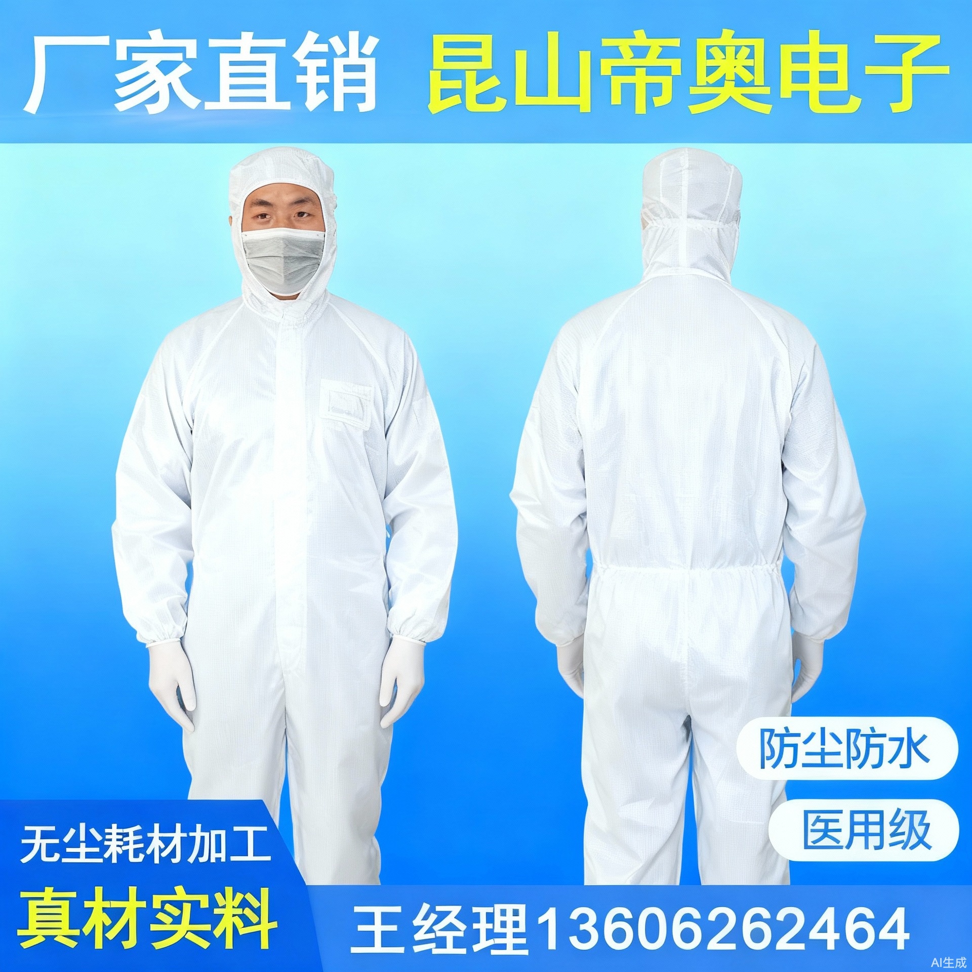 厂家直供中开式防静电连帽连体服无尘工作服医药食品电子厂工作服