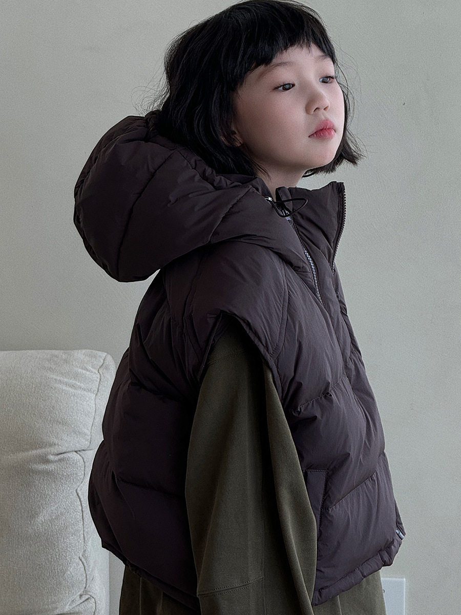 Chaleco con capucha para niños fuera de temporada, estilo otoño e invierno, versión coreana cálida, chaleco corto con doble cremallera.