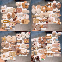 秋冬奶咖色毛絨蝴蝶結髮夾兒童毛線花朵邊夾可愛卡通發卡碎發BB夾