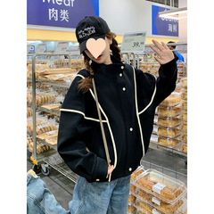 黑色设计感棒球服女慵懒风2025春秋新款韩版宽松流行撞色条纹外套