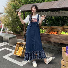 韩版牛仔背带连衣裙2024春秋夏季新款学院风花瓣两件套装显瘦长裙
