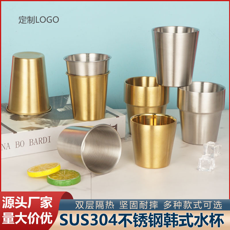 Taza de cerveza coreana de acero inoxidable barbacoa 304 taza de agua de doble capa taza antiescaldadura para niños taza de café con letras