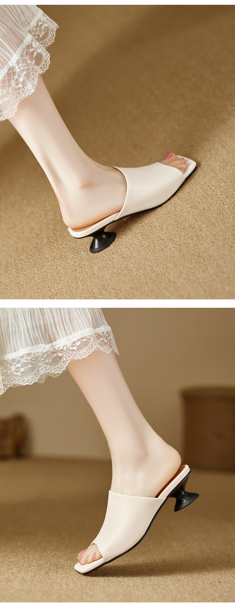 Sandal cao gót nữ da cừu mũi hở gót vuông 4 cm — đen chi tiết 8
