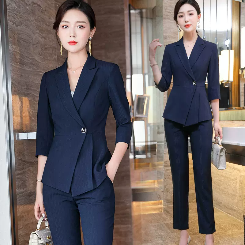 条纹职业套装女夏ol气质女神范酒店经理正装时尚薄款中袖工作服女