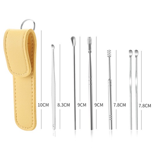 Stainless steel ear cleaner set of 6, portable spiral ear scoop, spring-loaded ear cleaning tool