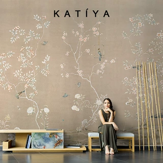 Katiya美式田园花卉梅花墙布客厅沙发电视背景墙壁纸中式壁画