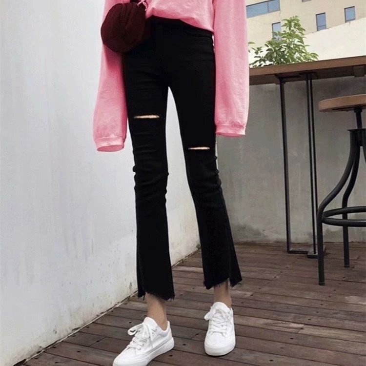 2021 Autumn High Waist Flared Jeans Women's Slim-fit Slimming Ripped Jeans Student Cropped Jeans Women