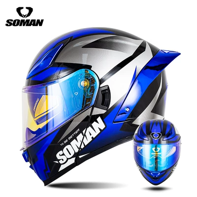 Motosiklet kaskı (dəbilqə) | Electric Vehicle Flip-Up Helmets for - white-and-blue-vision-with-transparent-revo-blue-s