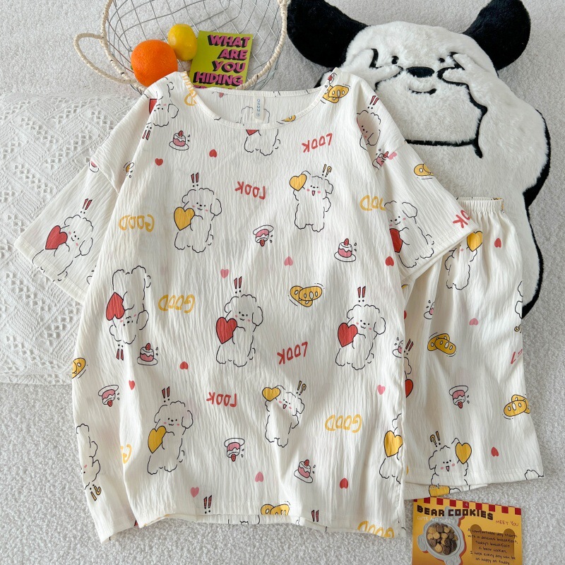 Ins Cartoon Sweet Pajamas for Women Summer Cloud Cotton Short-Sleeved Shorts Girls Can Wear Home Clothes Suit in Summer