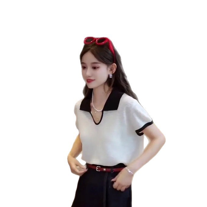 2025 夏服韓国風コントラストカラーポロカラー半袖 Tシャツレディース万能ハイウエストデニムキュロットツーピーススーツ|undefined