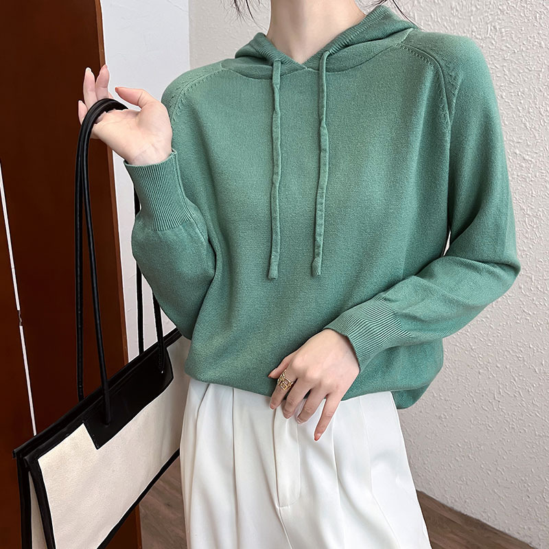 Early Autumn Korean Knitwear for Women 2025 New Style Top Spring & Fall Loose Pure Color Hooded Knitwear Jacket Trendy