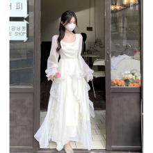 荷叶边长袖法式小众方领雪纺连衣裙女春秋2025新款气质淑女范长裙