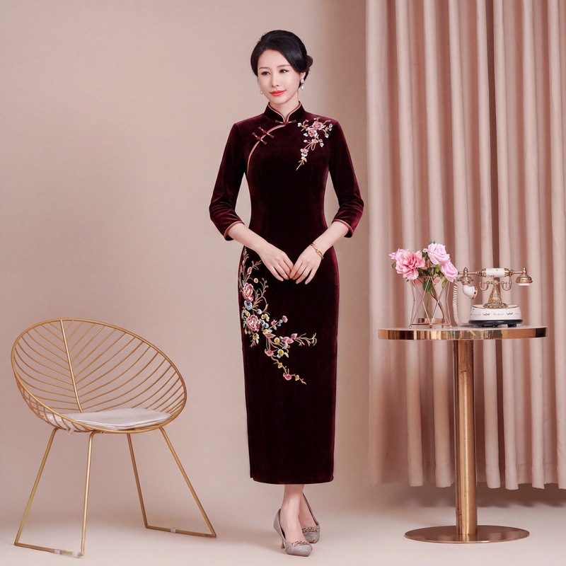 Embroidered and beaded, figure-hugging, modified gold velvet cheongsam, long, retro, and elegant, perfect for wedding banquets and toasts for the bride's mother Embroidered and beaded, figure-hugging, modified gold velvet cheongsam, long, retro, and elegant, perfect for wedding banquets and toasts for the bride's mother