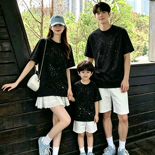 海边度假亲子装亮片一家三口2026新款夏季短袖t恤衫衣服出游穿搭