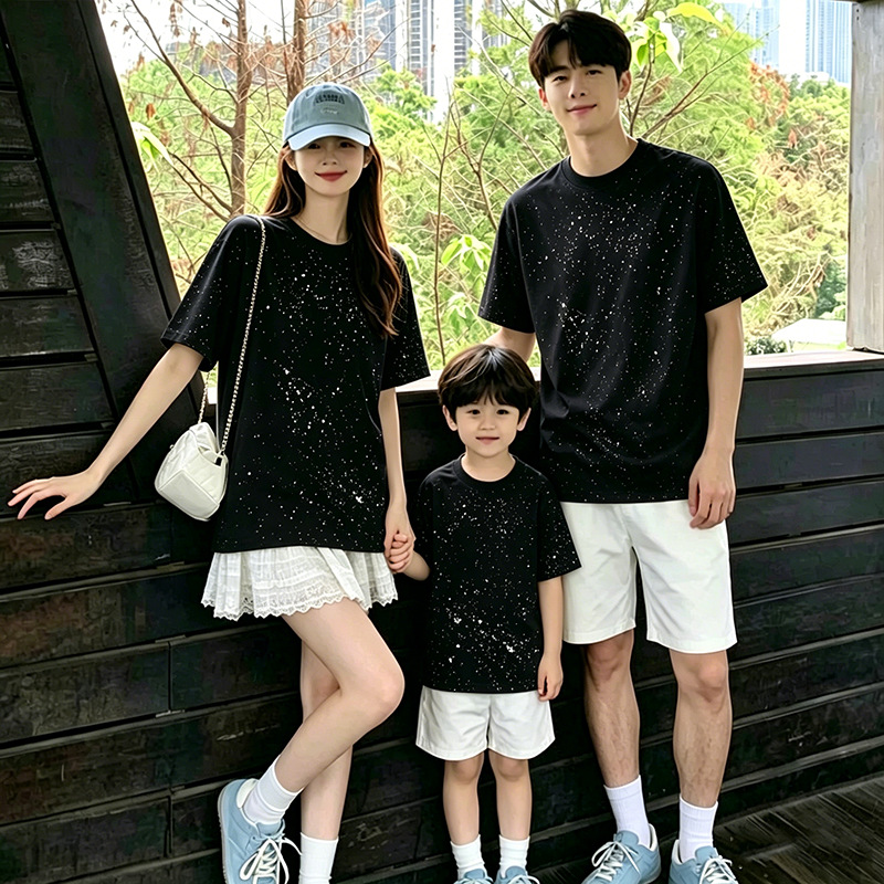 海边度假亲子装亮片一家三口2026新款夏季短袖t恤衫衣服出游穿搭