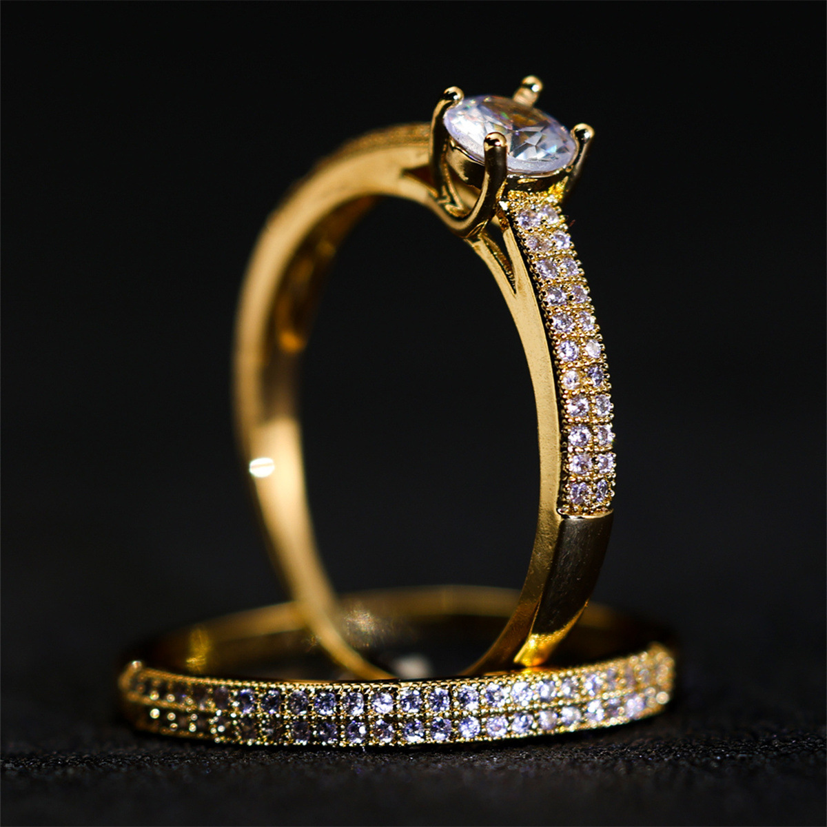 Cross-Border New Four-Claw Round Diamond Micro-Set Diamond Set Ring, Simple, Personalized, Versatile, Light Luxury Pair Ring, Engagement and Proposal Ring