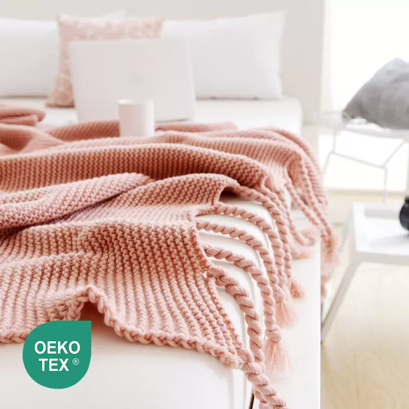 沙发午睡毛毯带流苏针织毯白色粉色针织盖毯休闲毯拍照道具