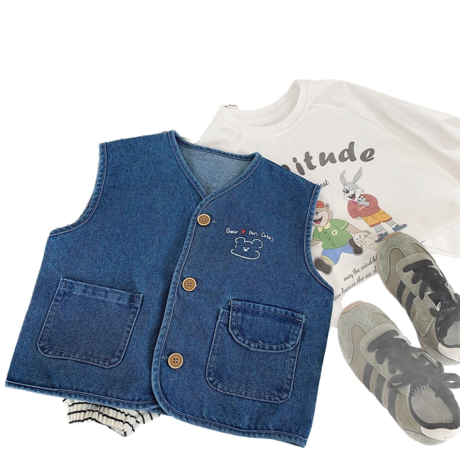 Mai Bao chaleco de niños 2025 otoño nuevo chaleco vaquero de color sólido para niños y niñas clip de caballo chaleco de bebé de moda de otoño