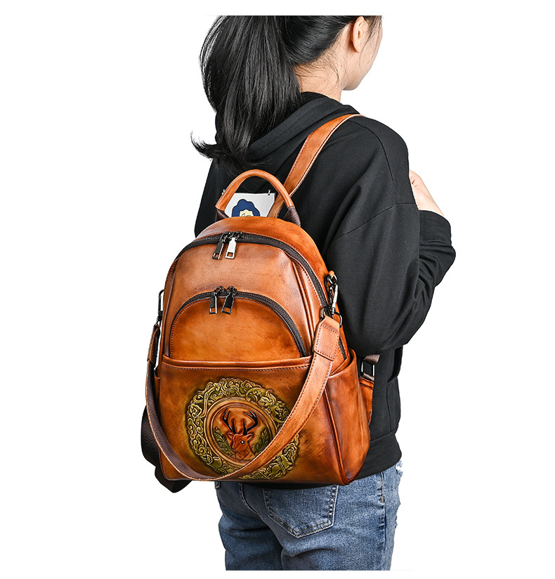 Ba lô da bò nữ cỡ lớn thiết kế đầu hươu phong cách vintage — Màu đen cổ điển, Cà phê cổ điển, Màu nâu cổ điển chi tiết 18