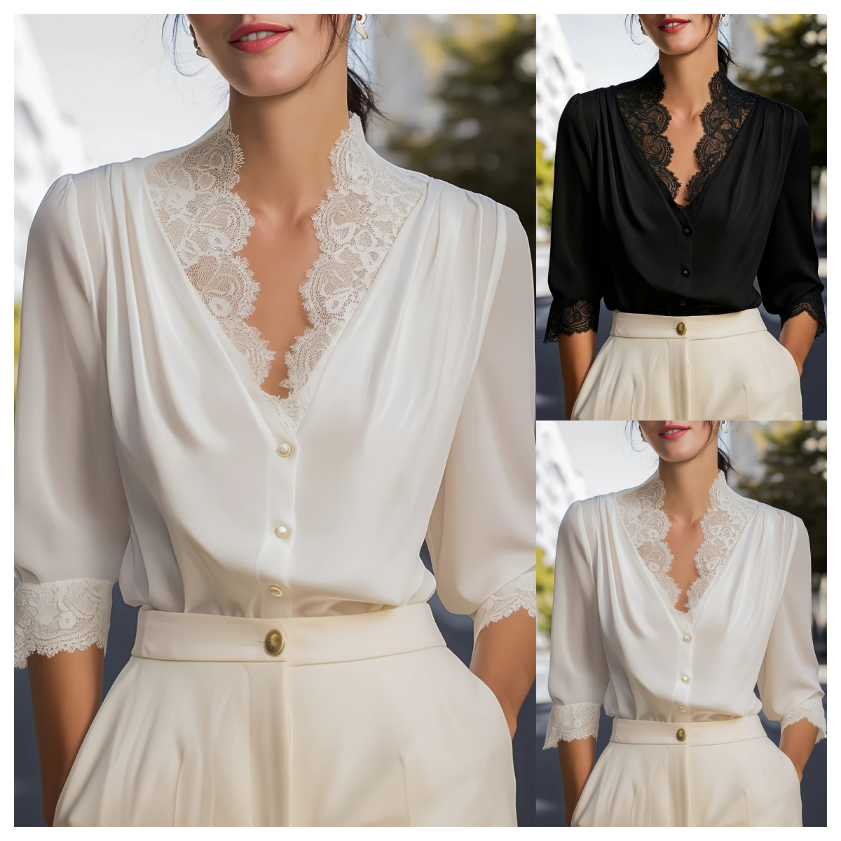 2026 유럽 미국 크로스보더 여성복 아마존 레이스 패치 7부 소매 우아한 통근 탑 셔츠 여성