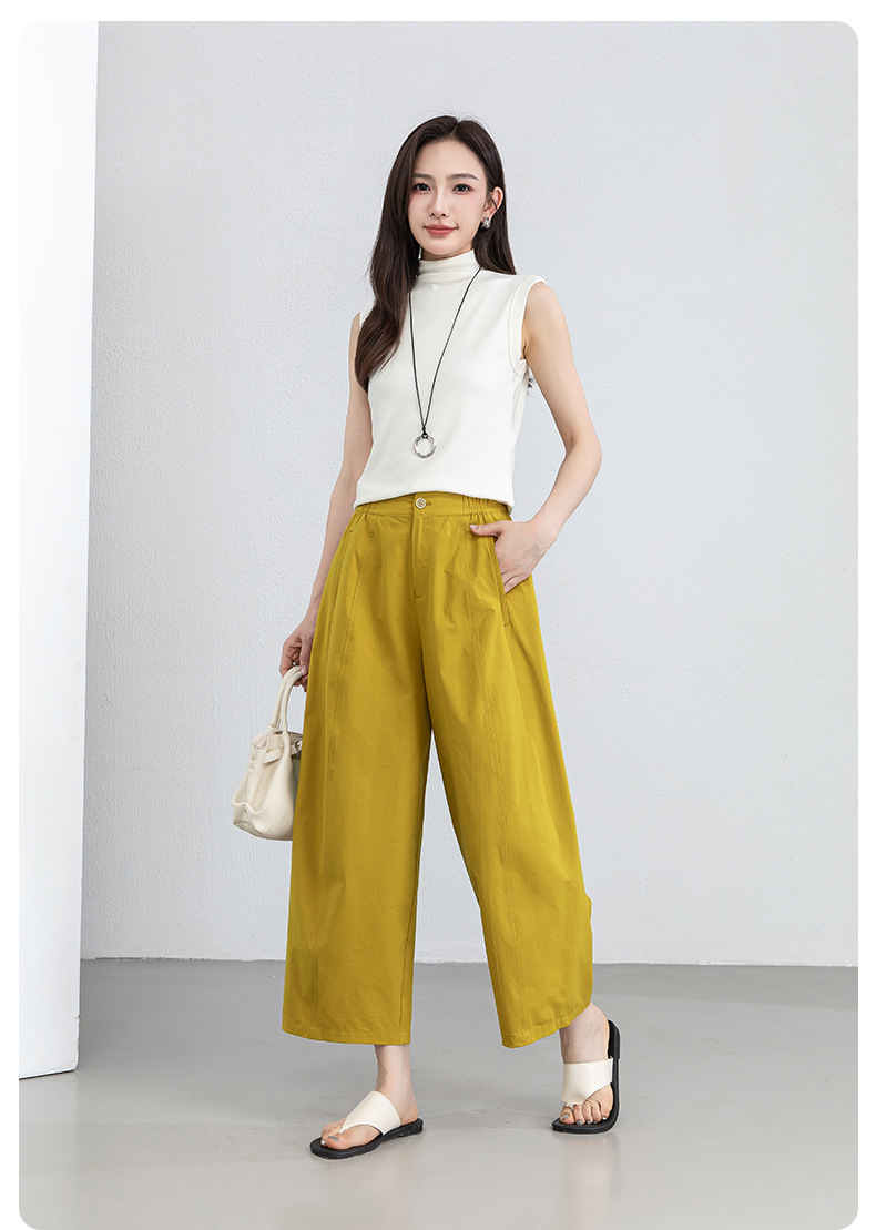 Quần culottes nữ ống rộng cạp cao dáng bong bóng, chất vải mỏng mùa hè, che hông tôn dáng — Hổ phách gừng chi tiết 22
