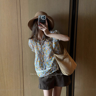 Ramie Floral Puff Sleeve Ruffle Top Romantic Spring Delicate Colorful Floral Embellished Casual Versatile Blouse