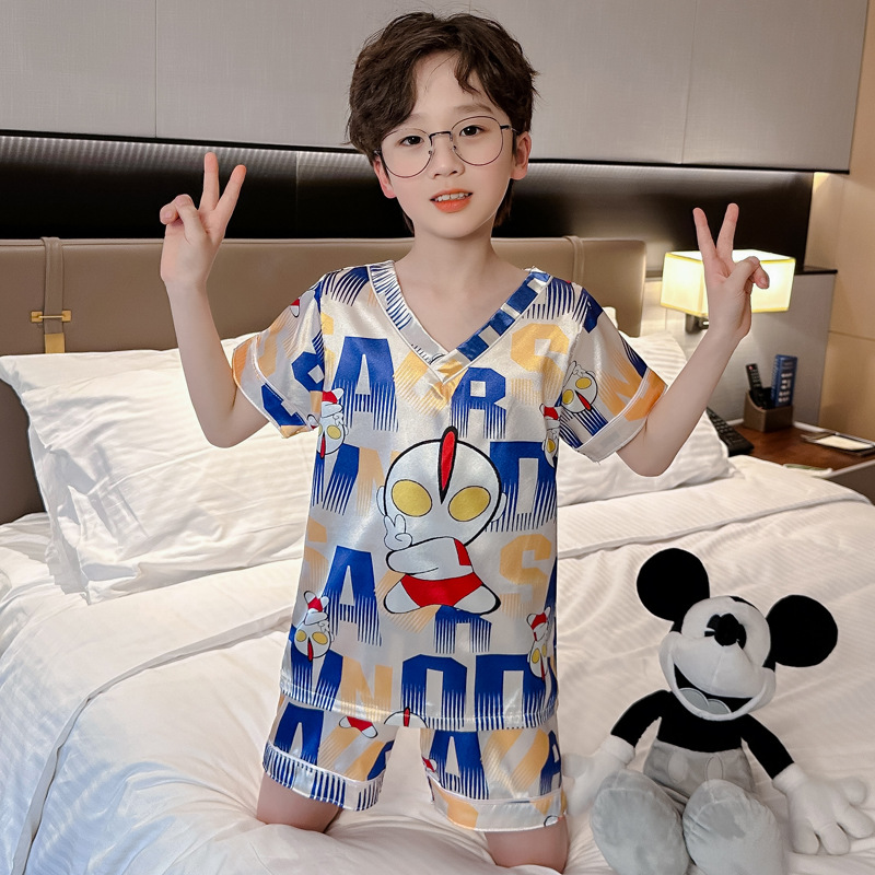 Pijamas de niños verano seda hielo pantalones cortos de mangas cortas set delgado niños grandes ropa de dibujos animados para el hogar