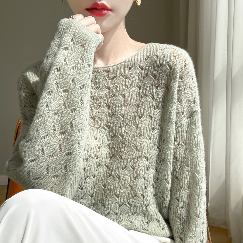 Hollow-Out Off-Shoulder Cashmere Knit Sweater for Women, Spring and Autumn Fashion Versatile Mulberry Silk Sweater, Simple and Light Luxury Base Shirt