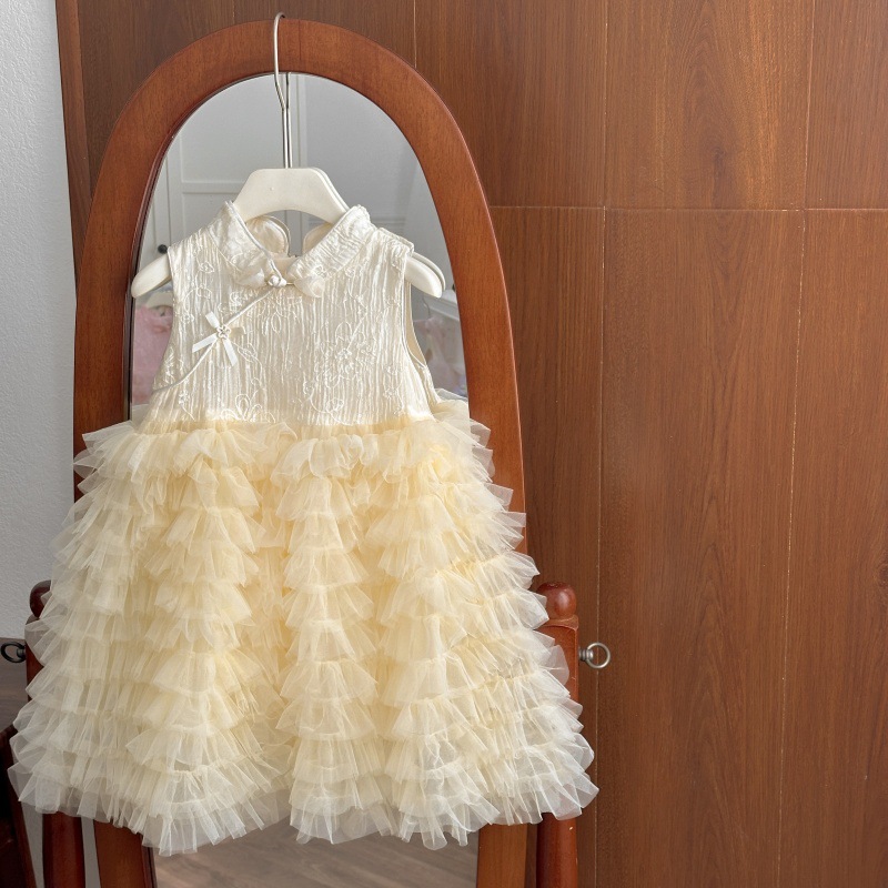 2026 New Style Girls' Puffy Dress, Stylish Cheongsam-Style Sweet Skirt, Children's Fashionable Top