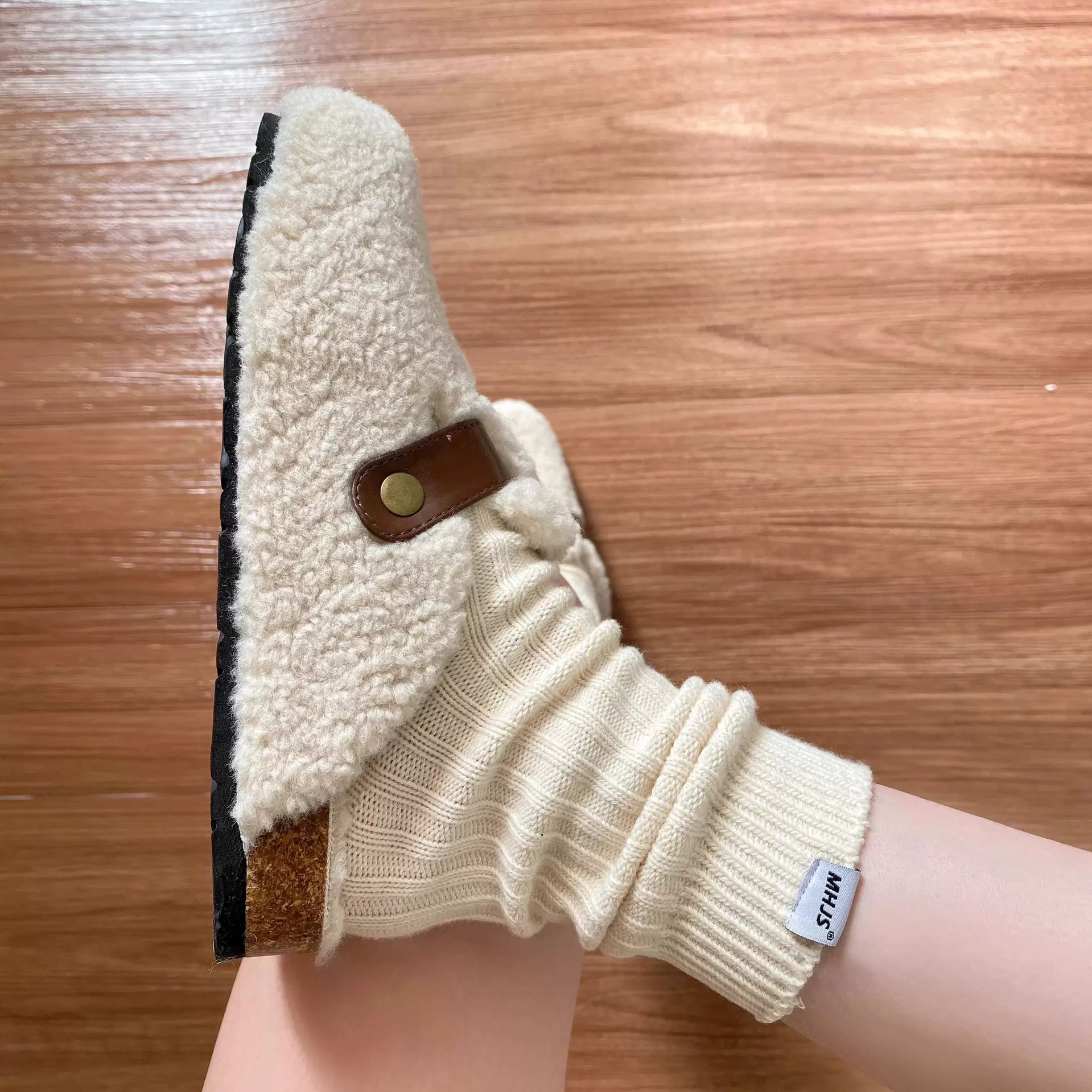 羊毛版~复古真皮勃肯毛毛鞋女冬外穿厚底羊羔毛毛拖鞋毛绒鞋棉鞋