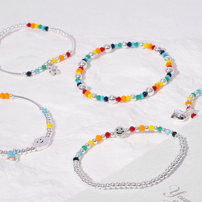 新款925纯银手链韩国ins小众设计弹力绳彩虹甜美爱心手工串珠手串|ru