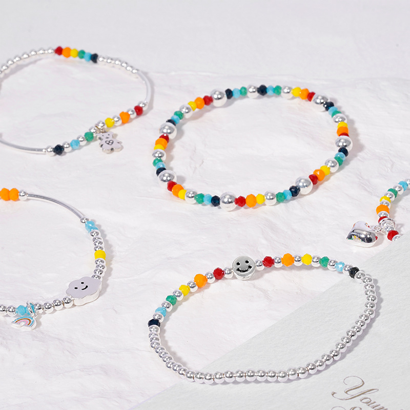新款925纯银手链韩国ins小众设计弹力绳彩虹甜美爱心手工串珠手串|ru