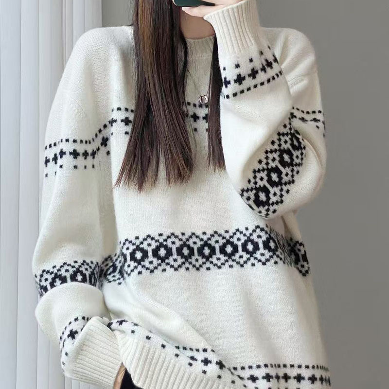 New Autumn and Winter Round-Neck Wool Sweater for Women, Round-Neck Jacquard Thick Style, Loose and Lazy Style, Wool Base Layer, Exclusively for Cross-Border Sales