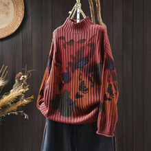 古咖服饰冬季复古印花半高领棉线针织毛衣女宽松大码印染套头线衣