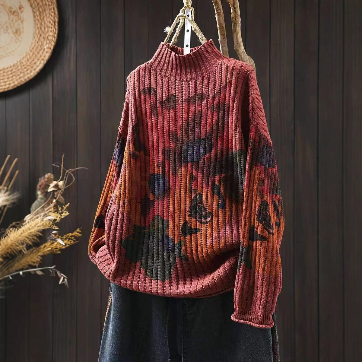 古咖服饰冬季复古印花半高领棉线针织毛衣女宽松大码印染套头线衣