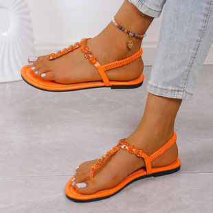 Cross-border Foreign Trade Summer Rhinestone Clip Toe Holiday Rome High-grade Diamond Chain Seaside Beach Women's Flat Sandals Slippers