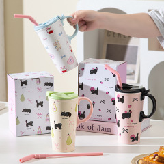 かわいい猫陶磁器ストローカップマグカップ高颜値大容量水カップオフィス家庭用女性誕生日プレゼント