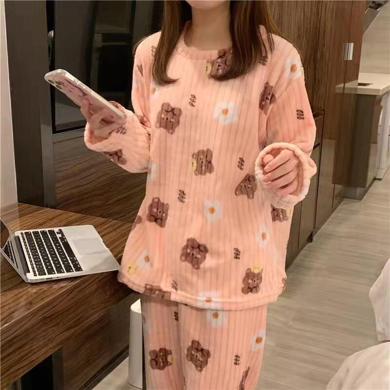 秋冬季珊瑚绒睡衣套装女加绒加厚家居服时尚可外穿法兰绒开衫睡袍|undefined