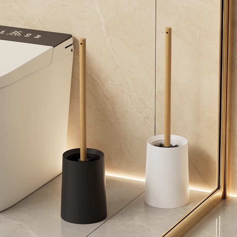 Toilet Brush Without Dead Ends Household Toilet Brush Bathroom Cleaning Bamboo Long Handle Brush with Base Cleaning Brush