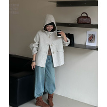 宁派2025秋冬新款连帽中长款简约小个子双面羊毛牛角扣大衣外套女