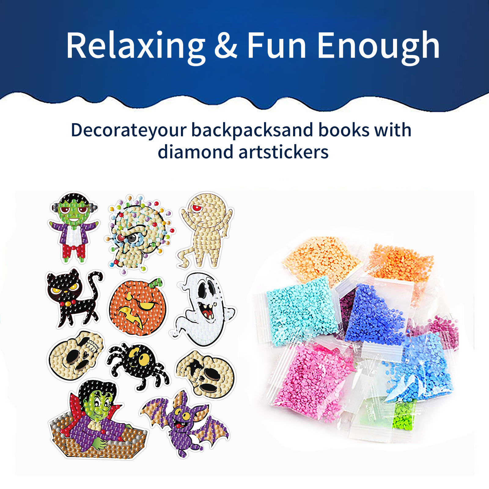 Venta caliente de dibujos animados pegatinas de Halloween diamante pintura libre pegatinas DIY ladrillo pintura pared pegatinas niños hechos a mano pegatinas diamante redondo