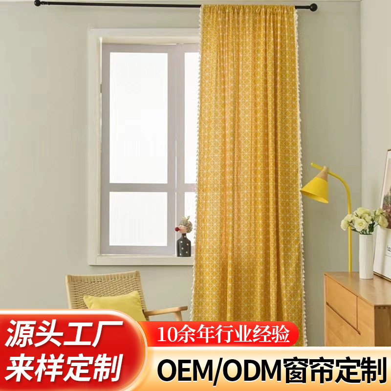 Yellow Striped Plaid Curtains for Bedroom Rental, Balcony, Cotton and Linen Blackout Curtains, No-Drill Installation for Bay Windows