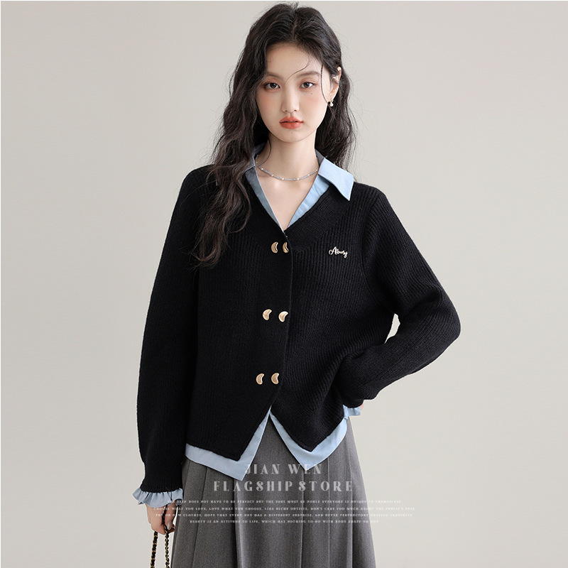 Black Polo Collar Fake Two-Piece Right Shoulder Knitted Cardigan Women's Autum and Winter Preppy Style Sweater Jacket V-Neck Top