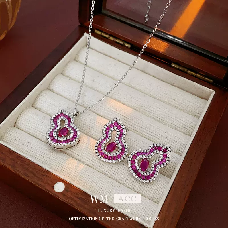 银针锆石镂空葫芦项链时尚百搭气质耳环毛衣链轻奢高级感首饰套装