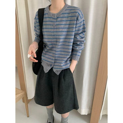 KANING圆领撞色条纹针织开衫女2025秋季新款单排扣韩系毛衣女装