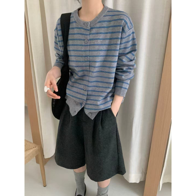 KANING圆领撞色条纹针织开衫女2025秋季新款单排扣韩系毛衣女装|undefined