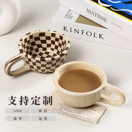 韩式礼盒棋盘格咖啡杯子礼品陶瓷杯马克杯高颜值个性化定制图案